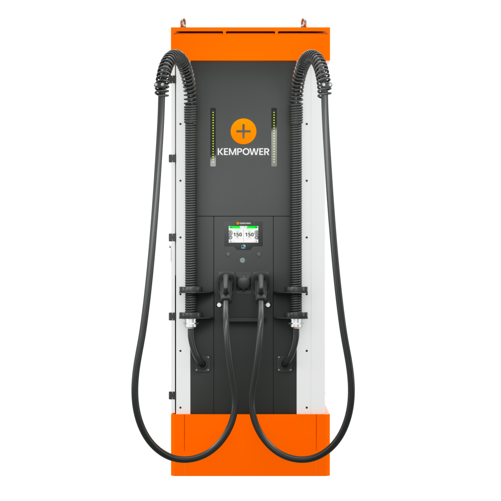 An electric vehicle charging station with two connectors, featuring a modern design with orange and black colors.