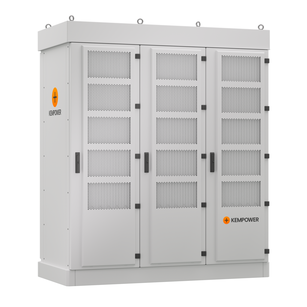 A large, industrial-sized electrical cabinet with multiple doors and ventilation grilles, branded with "kempower.