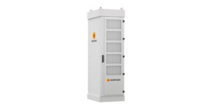 Tall white electric charging station with vented panels and Kempower logo, featuring orange accents, against a plain background.