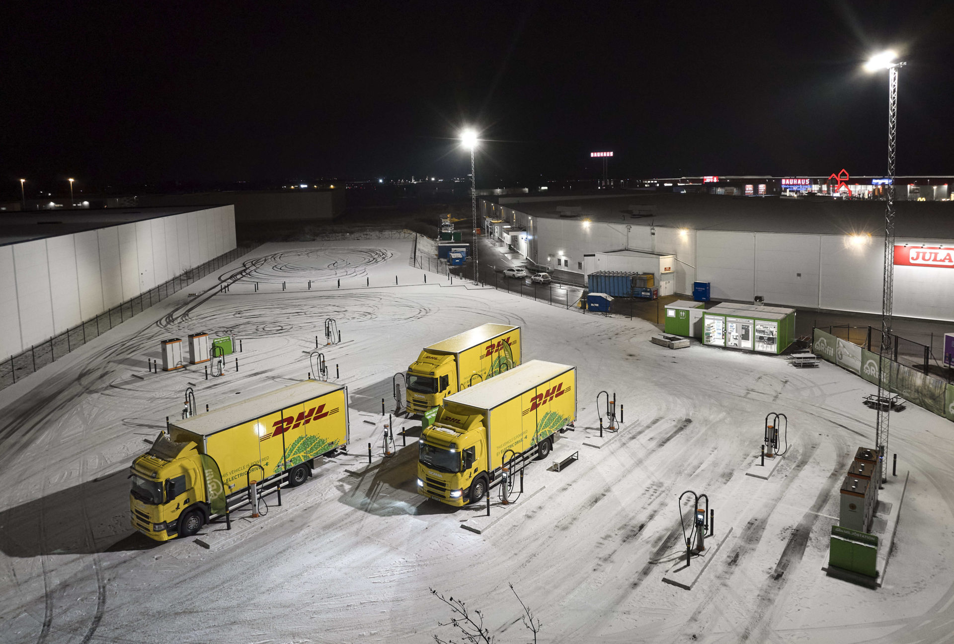Scania trucks charging at Falkenklev Logistik electric truck charging station