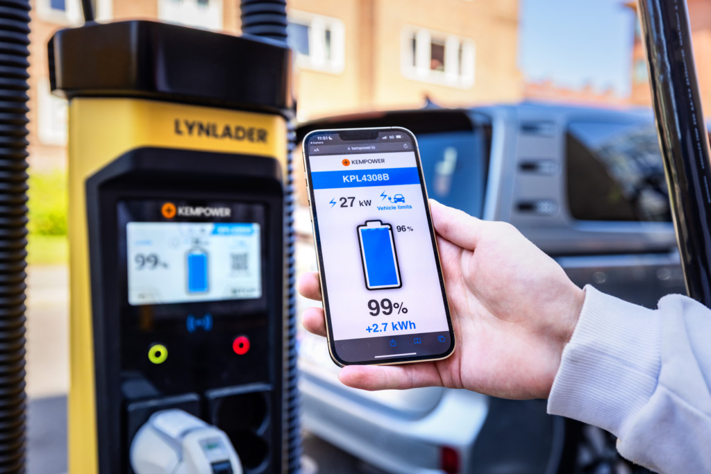 Kempower ChargEye user interface showing charging details for EV charging at a retail location