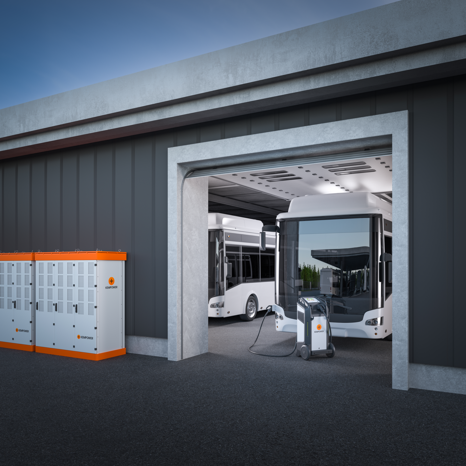Electric buses parked at charging station in garage