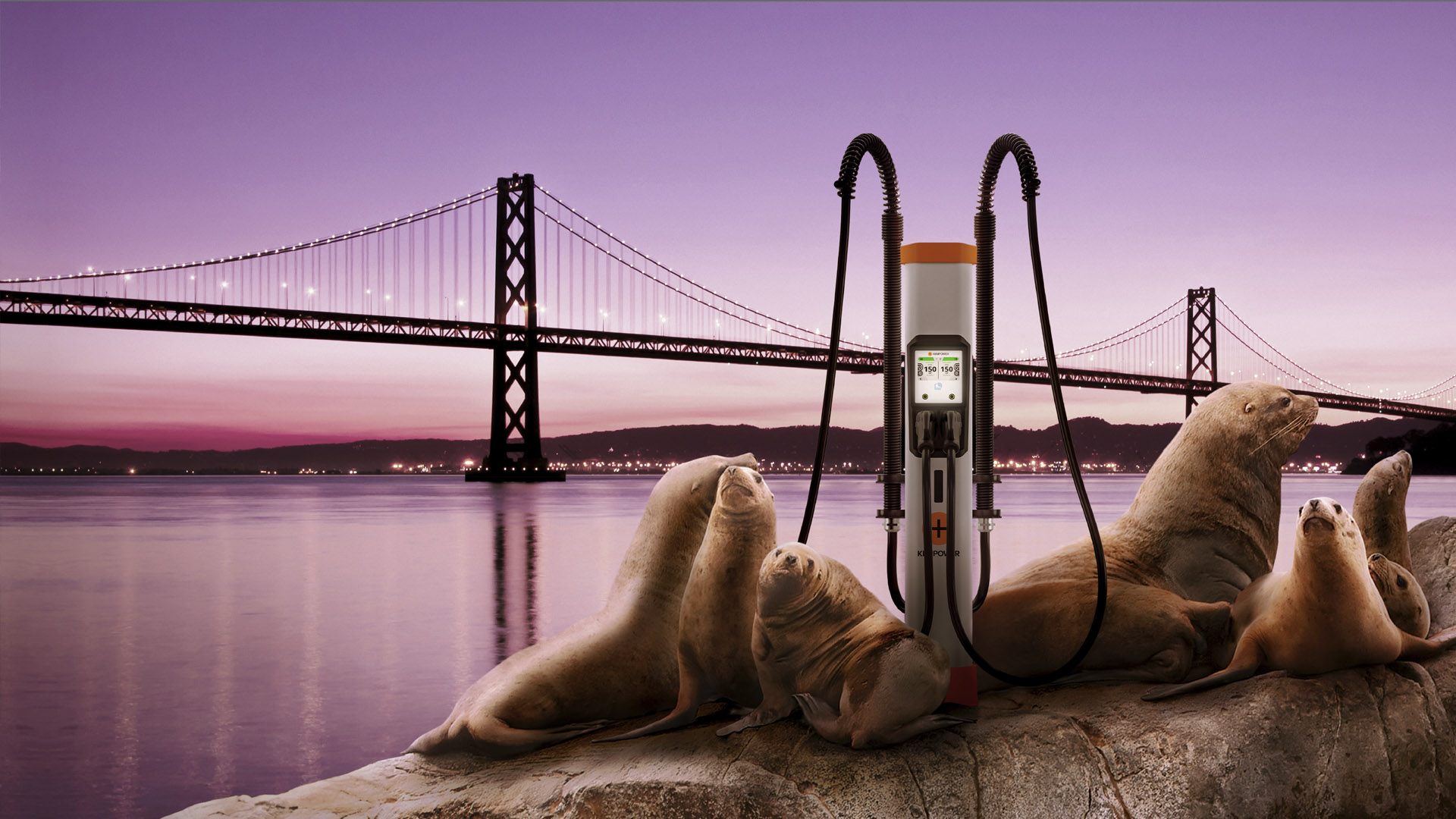 Charging into the sunset: sea lions bask by a whimsical Kempower electric vehicle charging station with a picturesque North American bridge backdrop.
