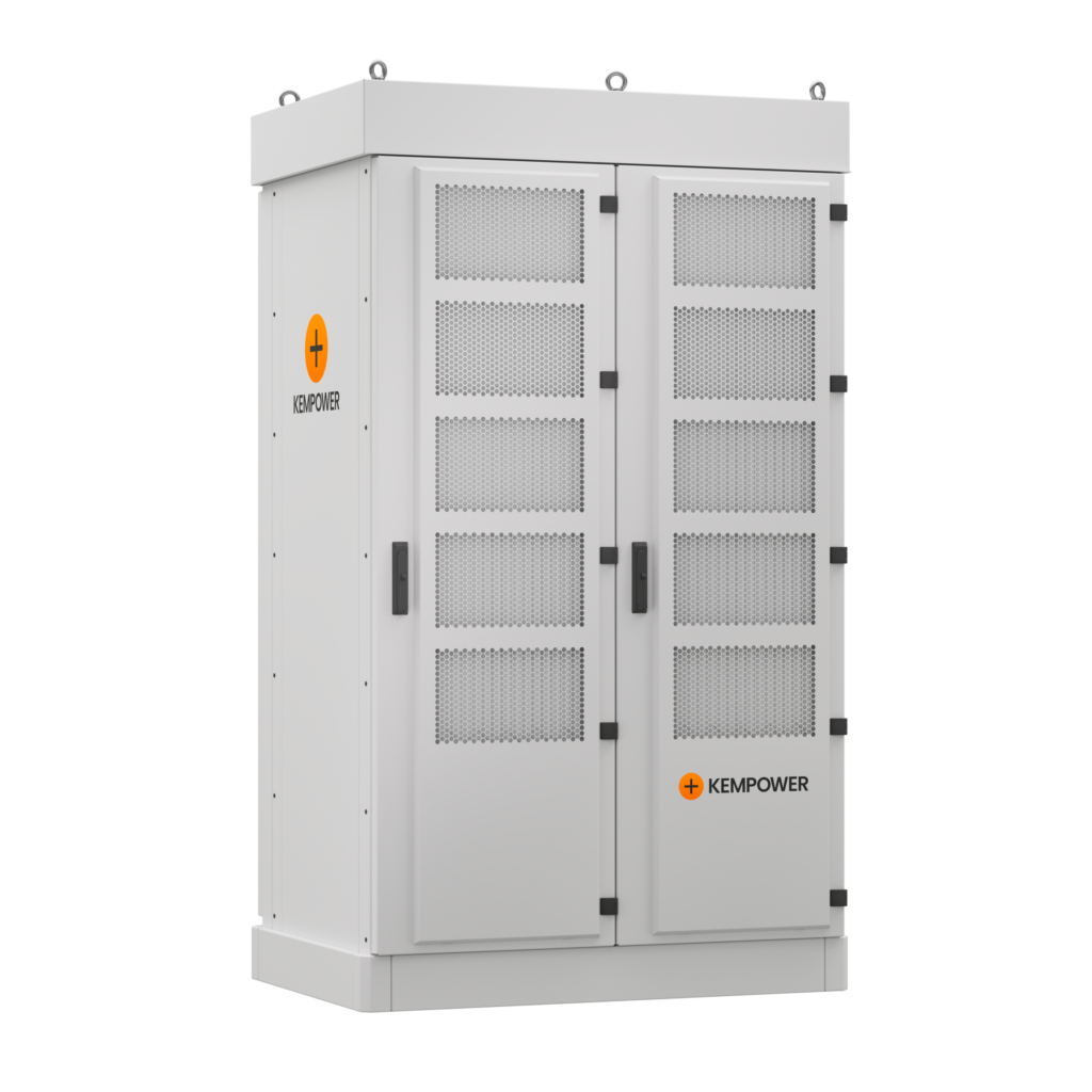 A large, industrial-sized electrical cabinet with multiple doors and ventilation grilles, branded with "kempower.