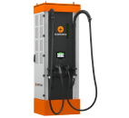 Dual-port electric vehicle charging station with digital display and orange cables.